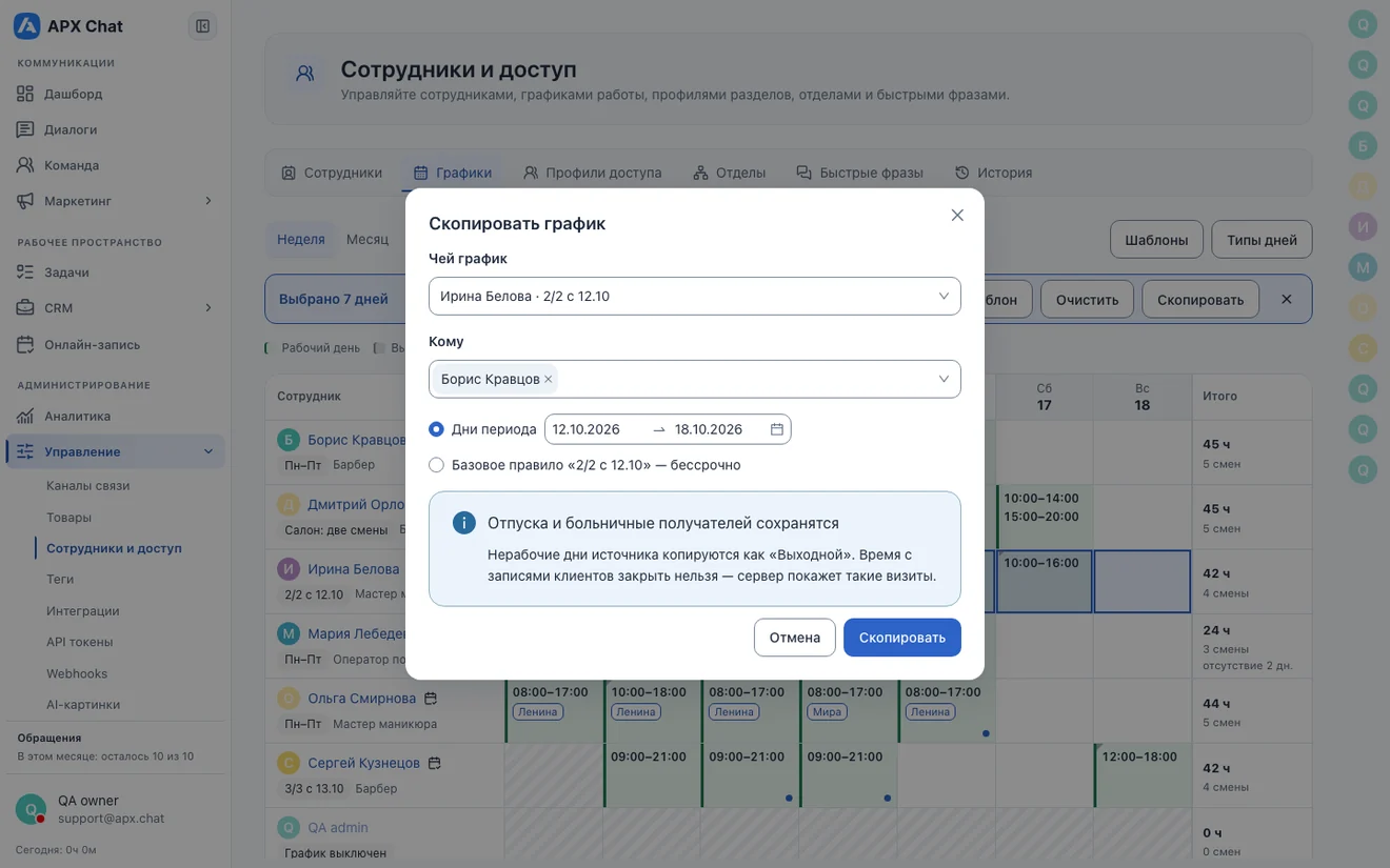 Окно «Скопировать график»: чей график, получатели и период